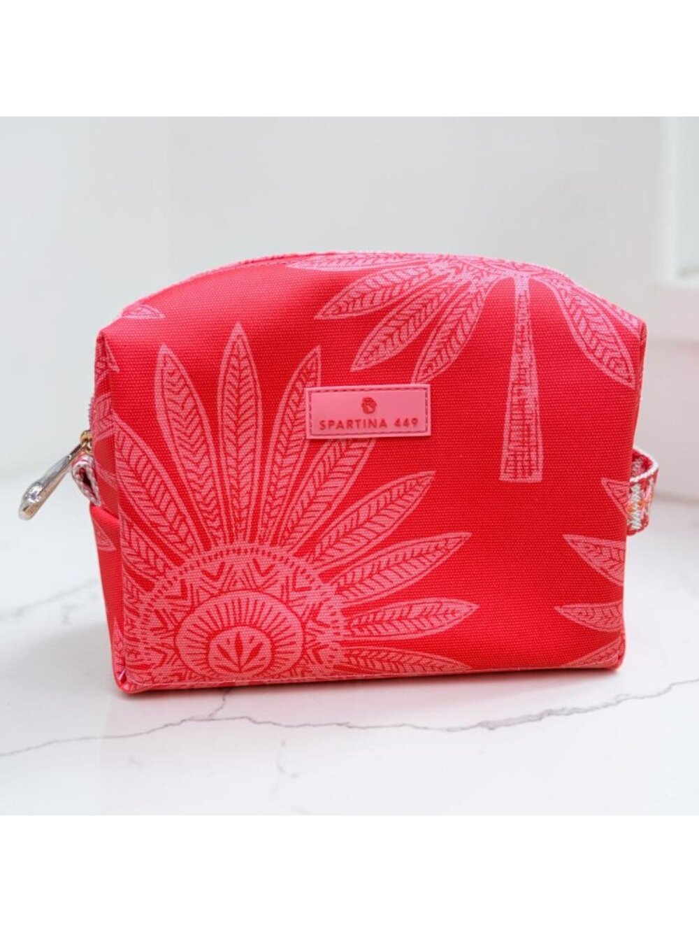 Spartina 449 Cosmetic Bag Case Coral Pink Palmetto Frond Print Travel New